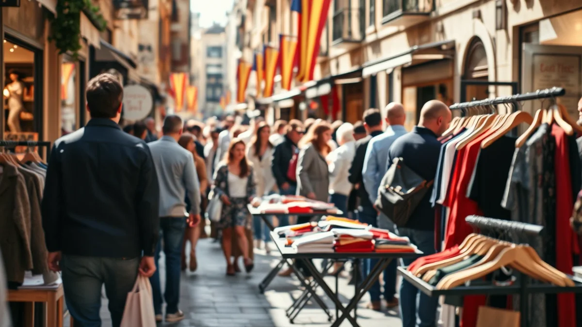 Imagen genérica de puestos de ropa y complementos instalados en la calle durante una jornada comercial.