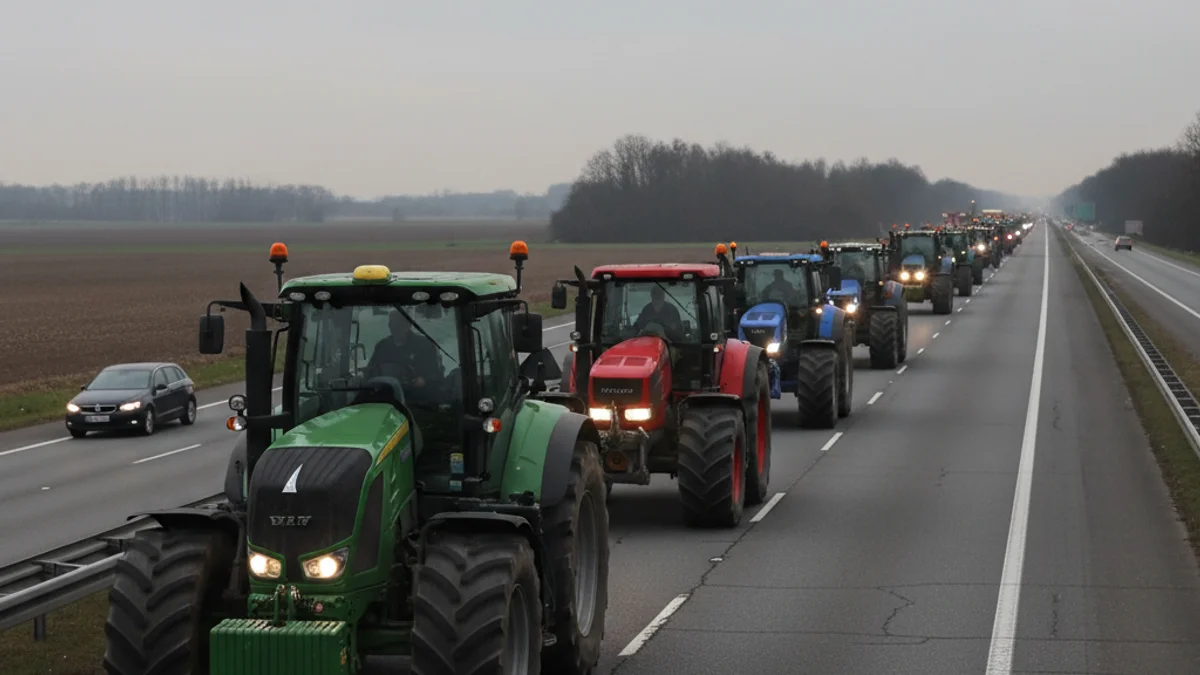 Imagen genérica de tractores circulando lentamente por una carretera principal durante una protesta agrícola.