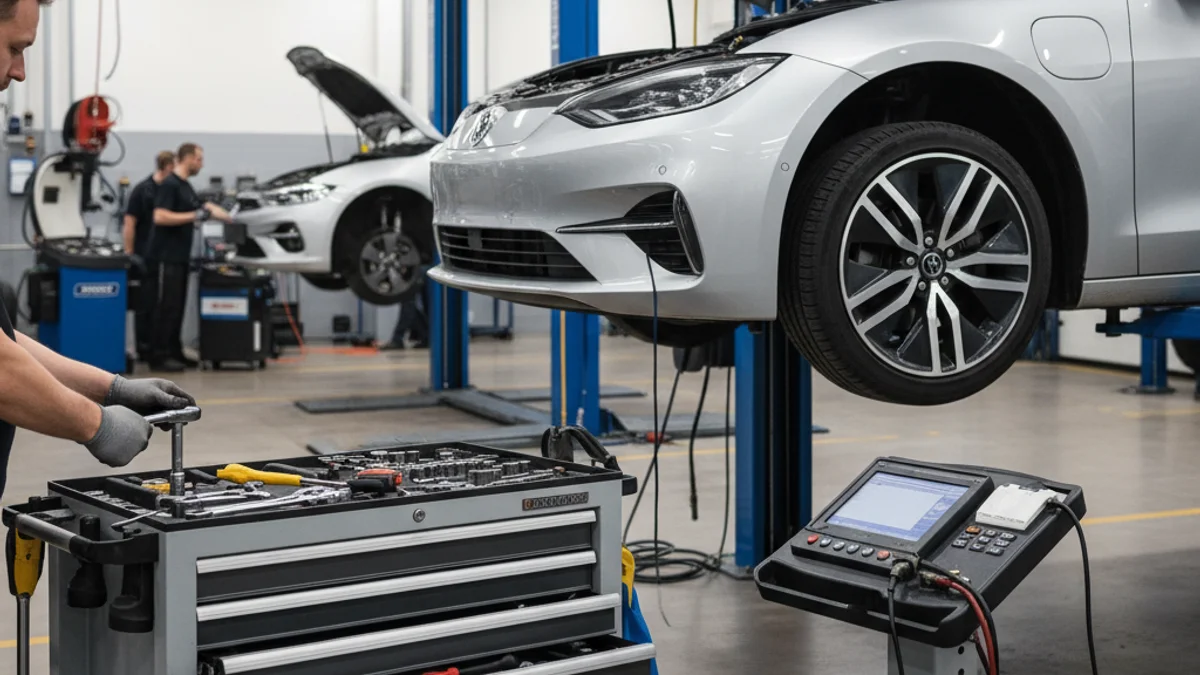 Imagen genérica de un taller o centro de servicios de automoción con vehículos y trabajadores en segundo plano.