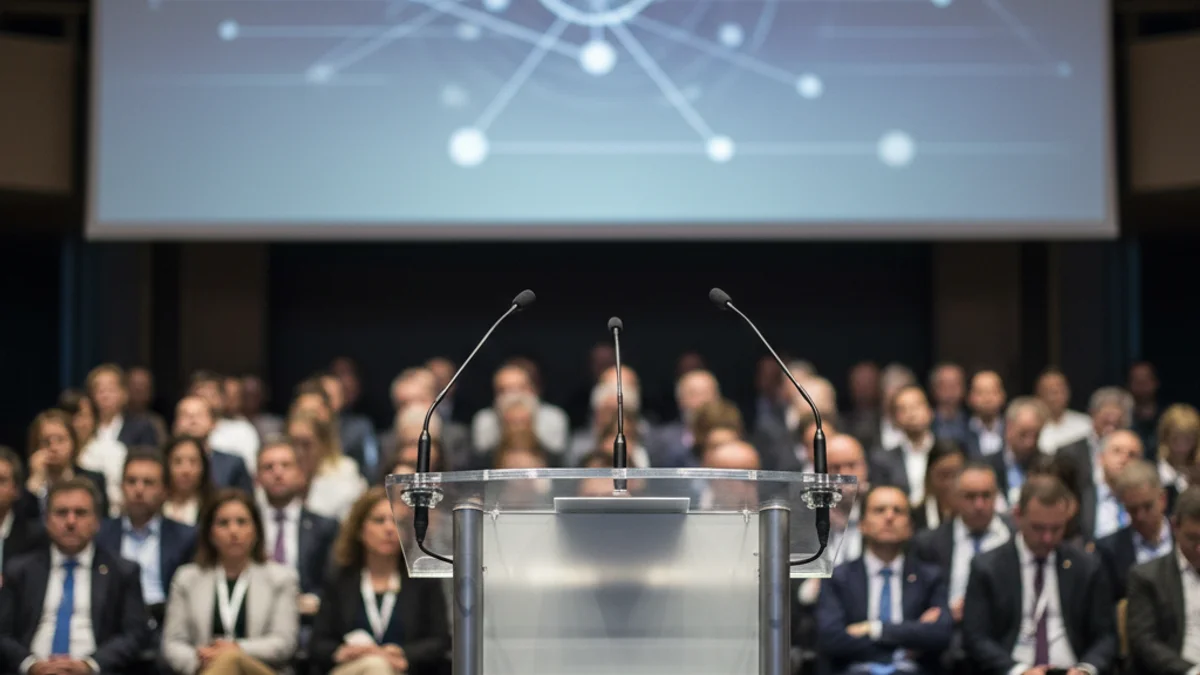 Imagen genérica de unos micrófonos en un podio durante una conferencia institucional.