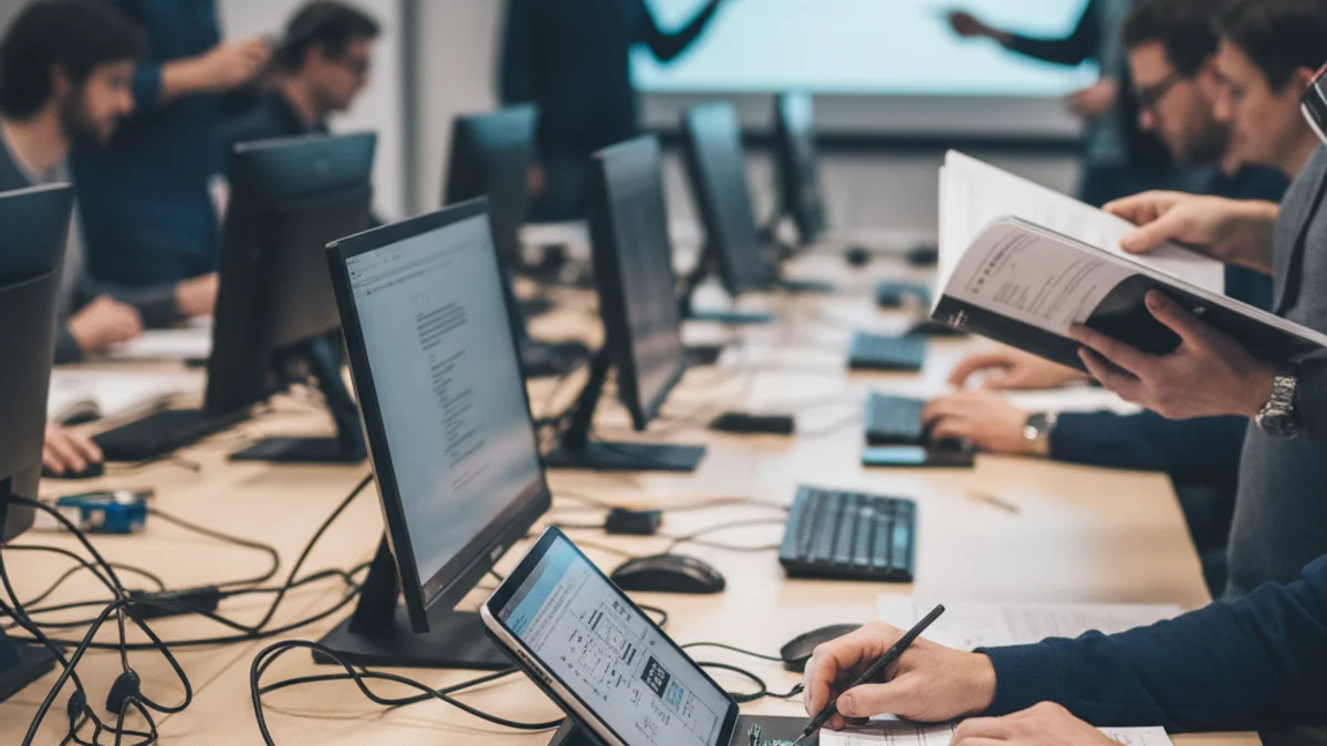 Imagen genérica de un grupo de adultos aprendiendo en un aula de formación profesional, con ordenadores y material didáctico.