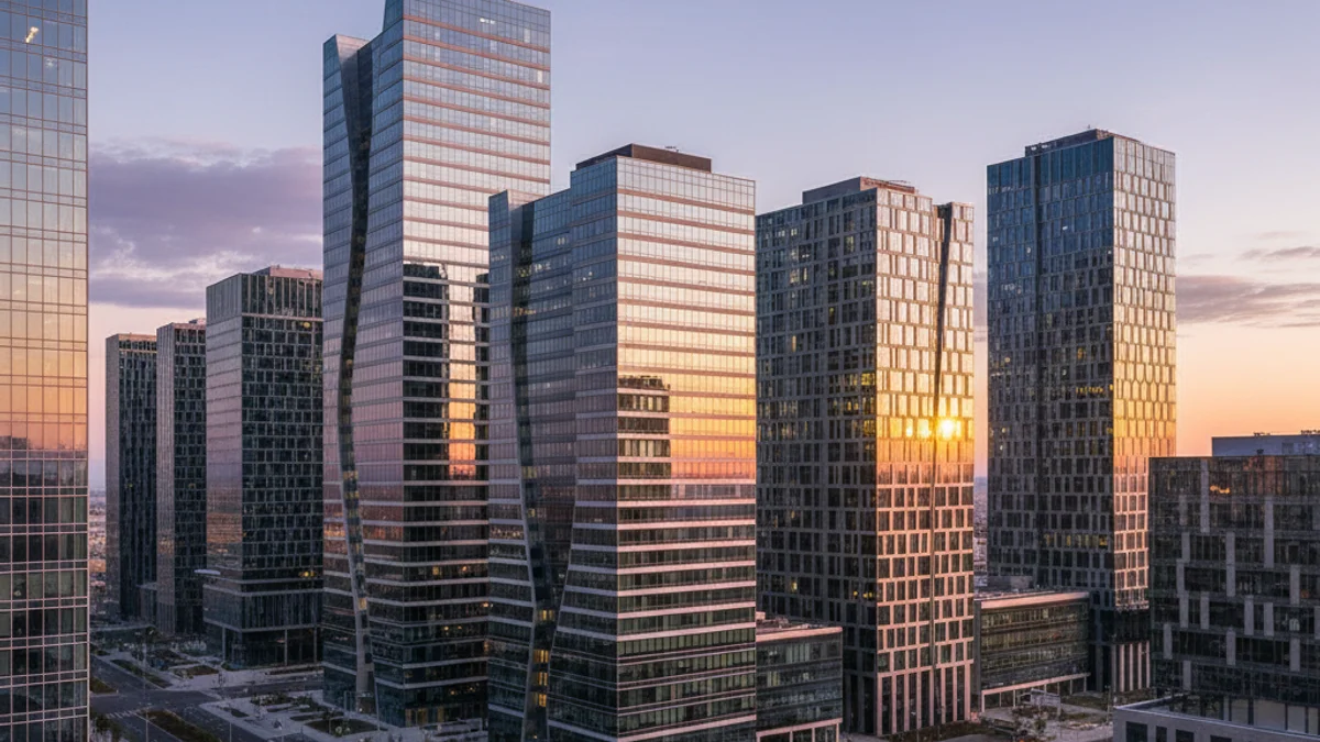 Imagen genérica de un distrito de negocios moderno con edificios de oficinas de cristal.
