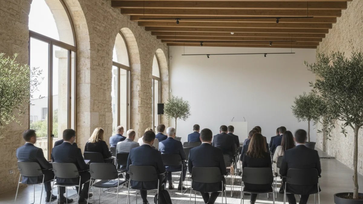 Imagen de una reunión de profesionales en una sala polivalente moderna en Cataluña.