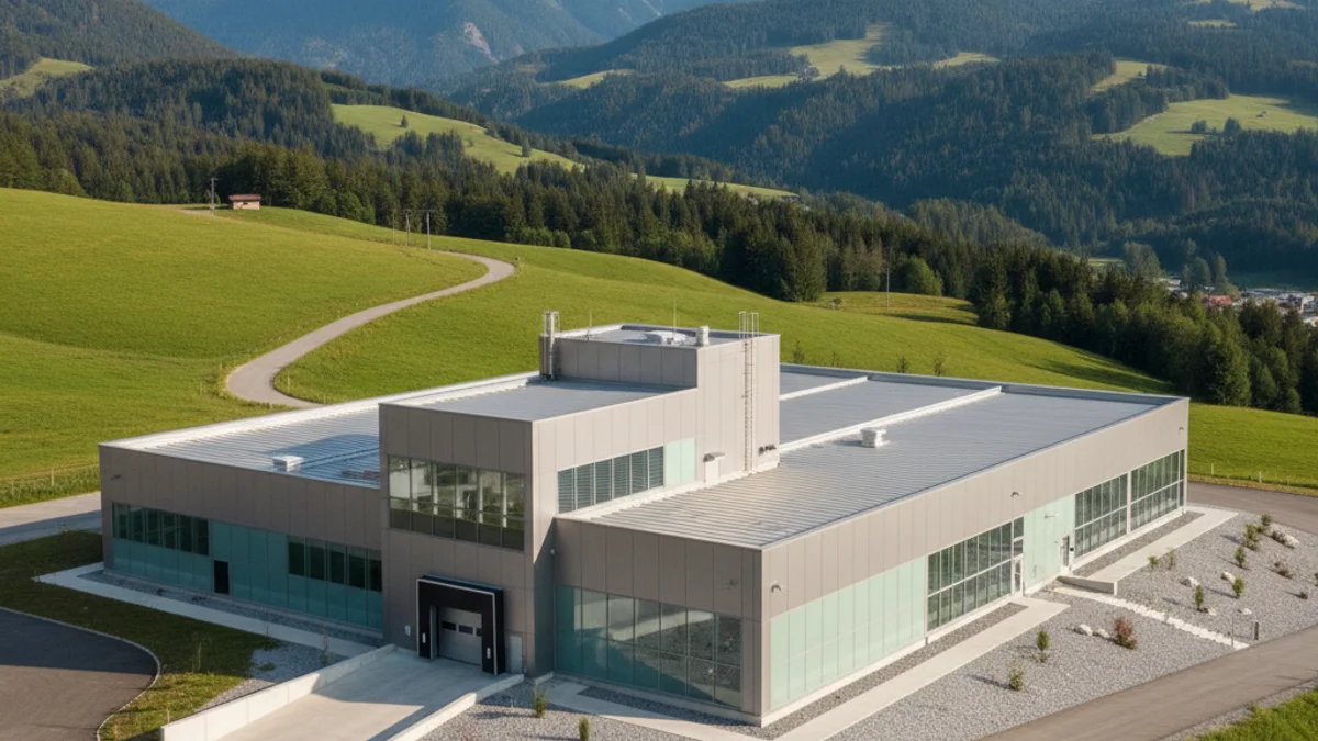 Vista exterior de un matadero municipal modernizado en una zona rural.