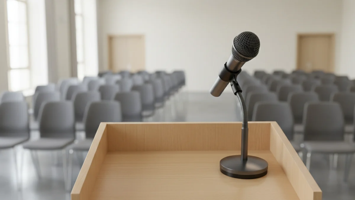 Un micrófono sobre un podio en una sala de conferencias empresarial.