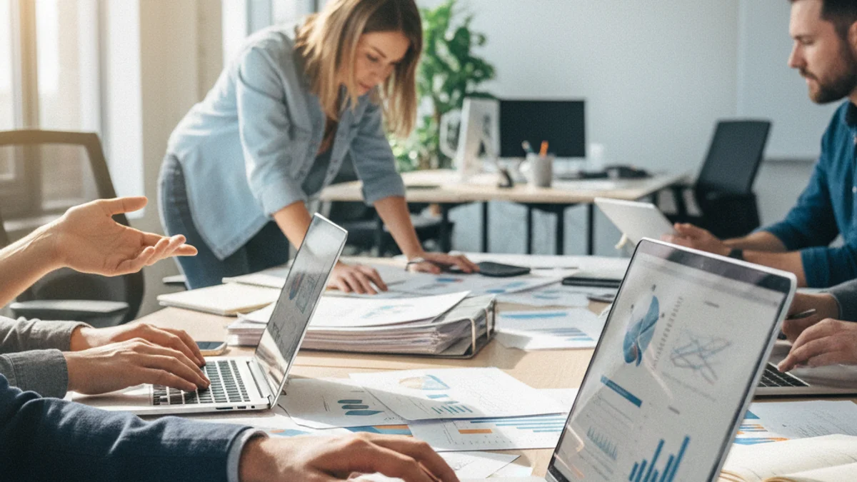 Descripción genérica de una oficina de empleo o un taller de formación profesional con figuras difuminadas.