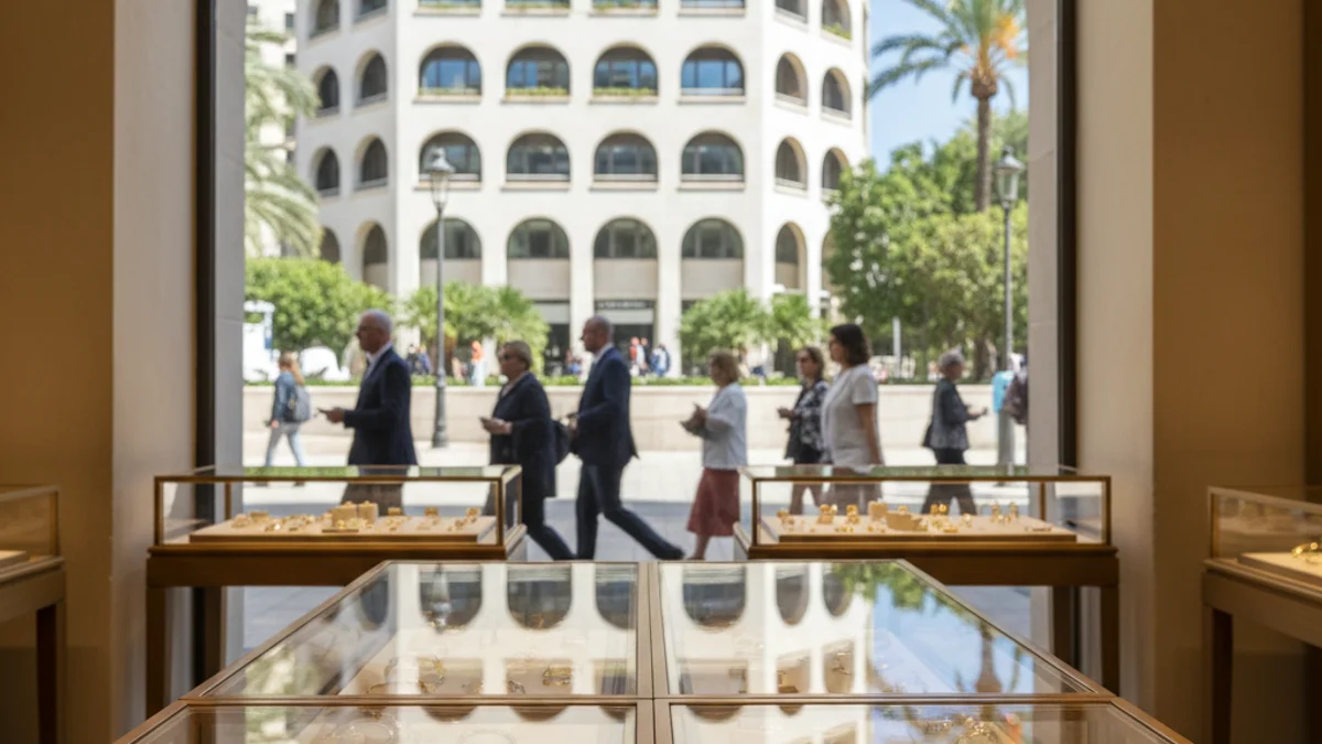 Imagen genérica del interior de una joyería de lujo con vitrinas iluminadas.