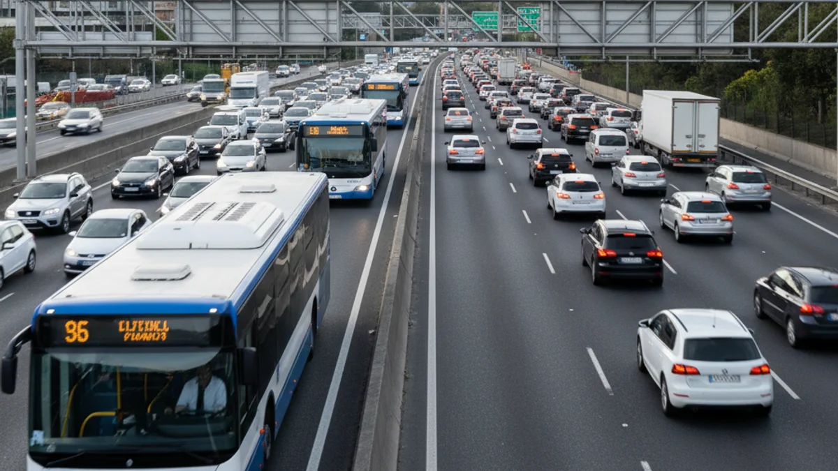 Imagen genérica de un carril bus-VAO con autobuses circulando en hora punta cerca de una gran ciudad.
