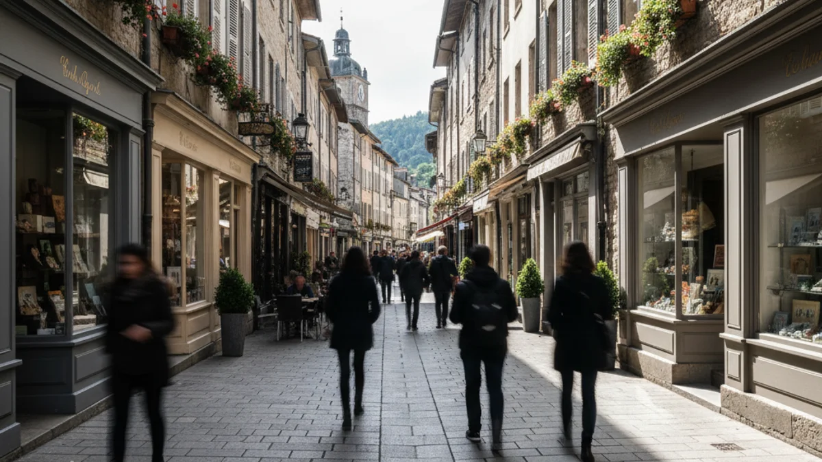 Vista de una calle comercial con peatones y escaparates de tiendas locales.