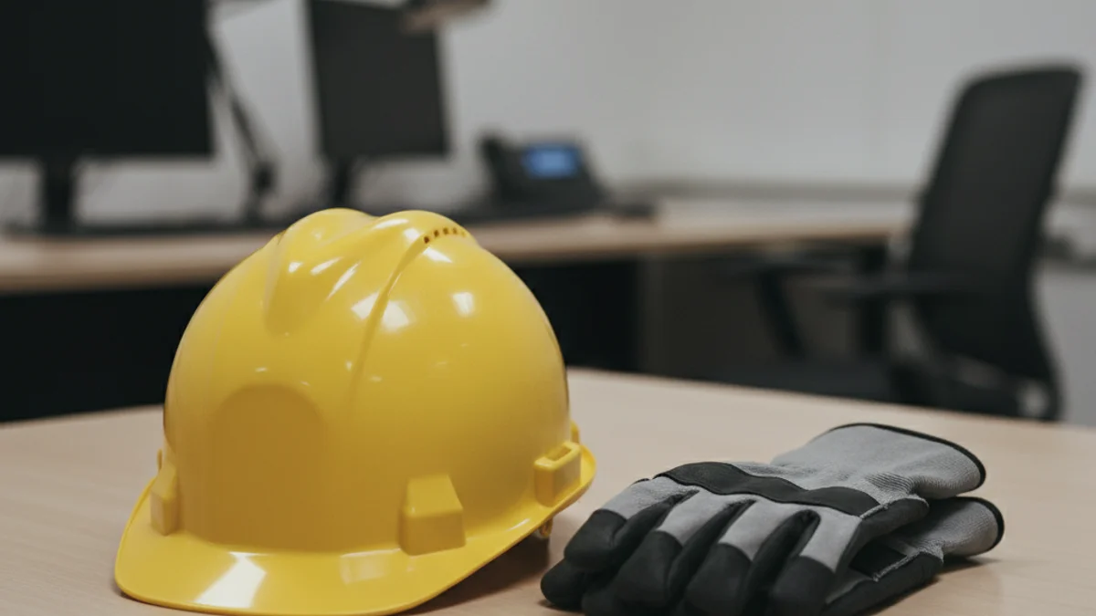 Equipamiento de seguridad laboral sobre una mesa de oficina en un entorno de trabajo moderno.