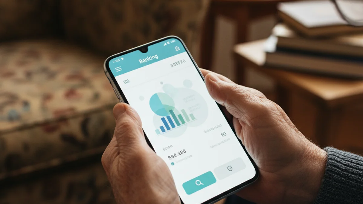 Representación genérica de una persona mayor utilizando un teléfono móvil, con elementos de seguridad digital.