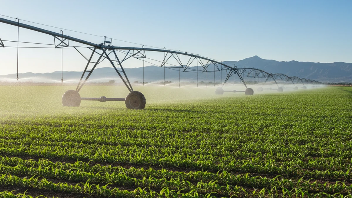 Un campo de cultivo con un sistema de riego por aspersión bajo un cielo despejado.
