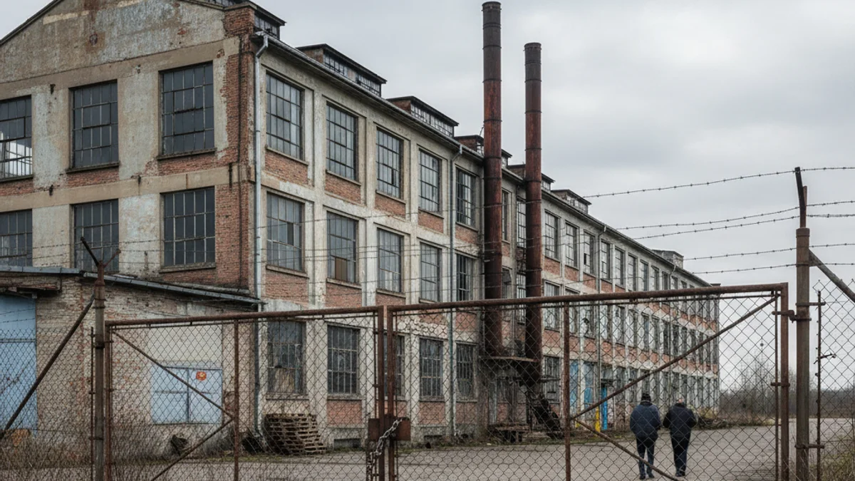 Imagen genérica del exterior de una planta industrial o fábrica con señales de cierre o abandono.