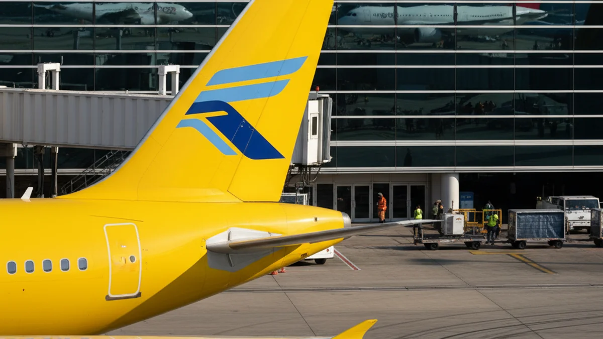 Vista genérica de un avión de pasajeros de Vueling en el aeropuerto, con el color amarillo corporativo destacando.