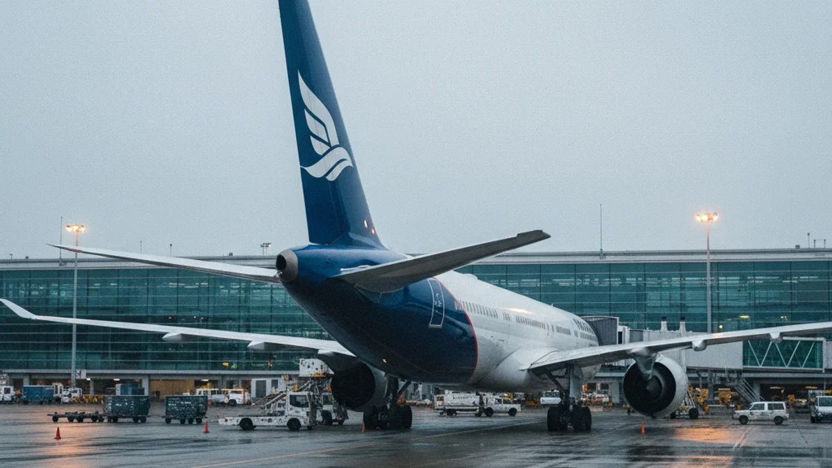 Imagen genérica de un avión comercial moderno estacionado en una puerta de embarque de un gran aeropuerto.