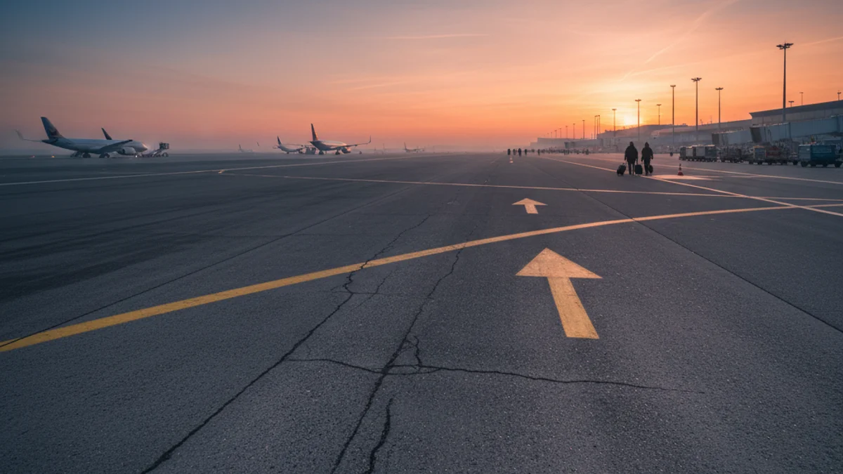 Imagen genérica de la pista de despegue de un aeropuerto con señalizaciones en el suelo.