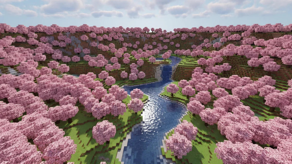 Imagen genérica de un paisaje digital de campos florecidos recreado con bloques de videojuego.