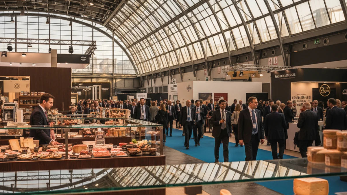 Imagen genérica de un pabellón ferial moderno con expositores de productos alimentarios y visitantes profesionales.