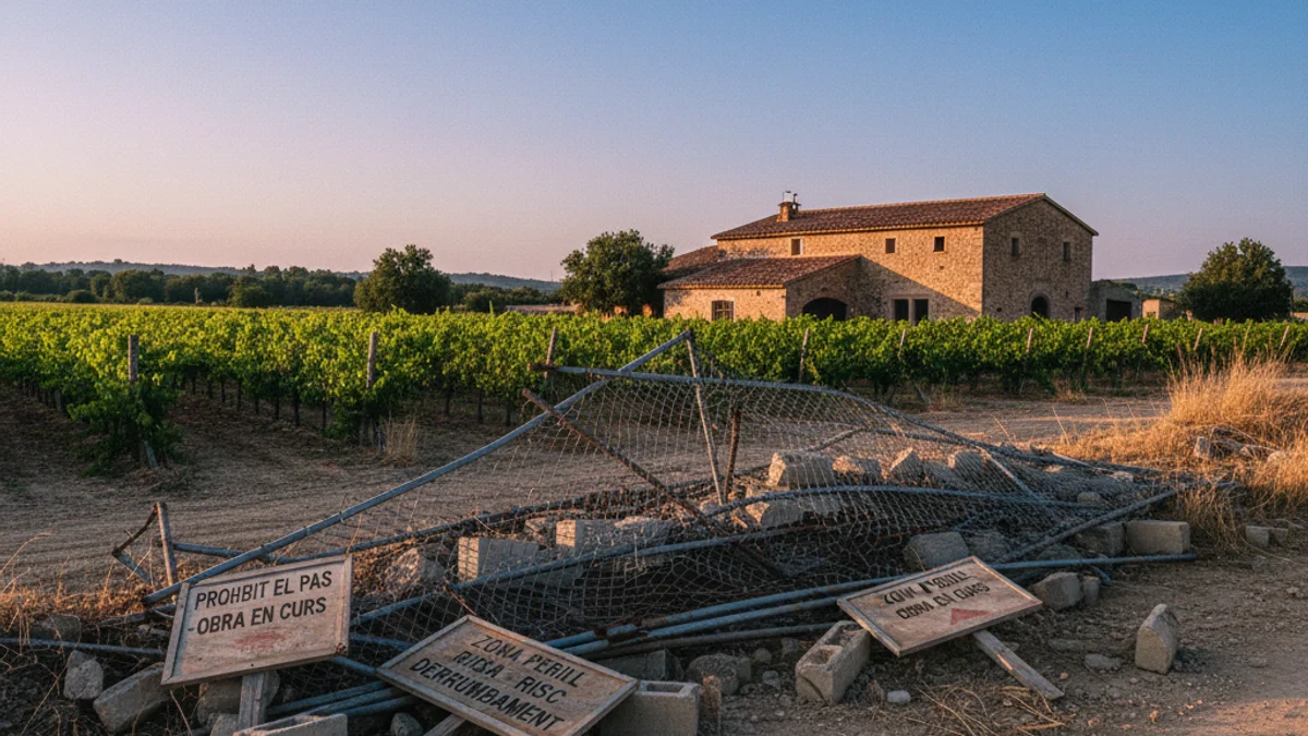 Imagen genérica de unas vallas de obra dañadas en un entorno rural de viñedos.