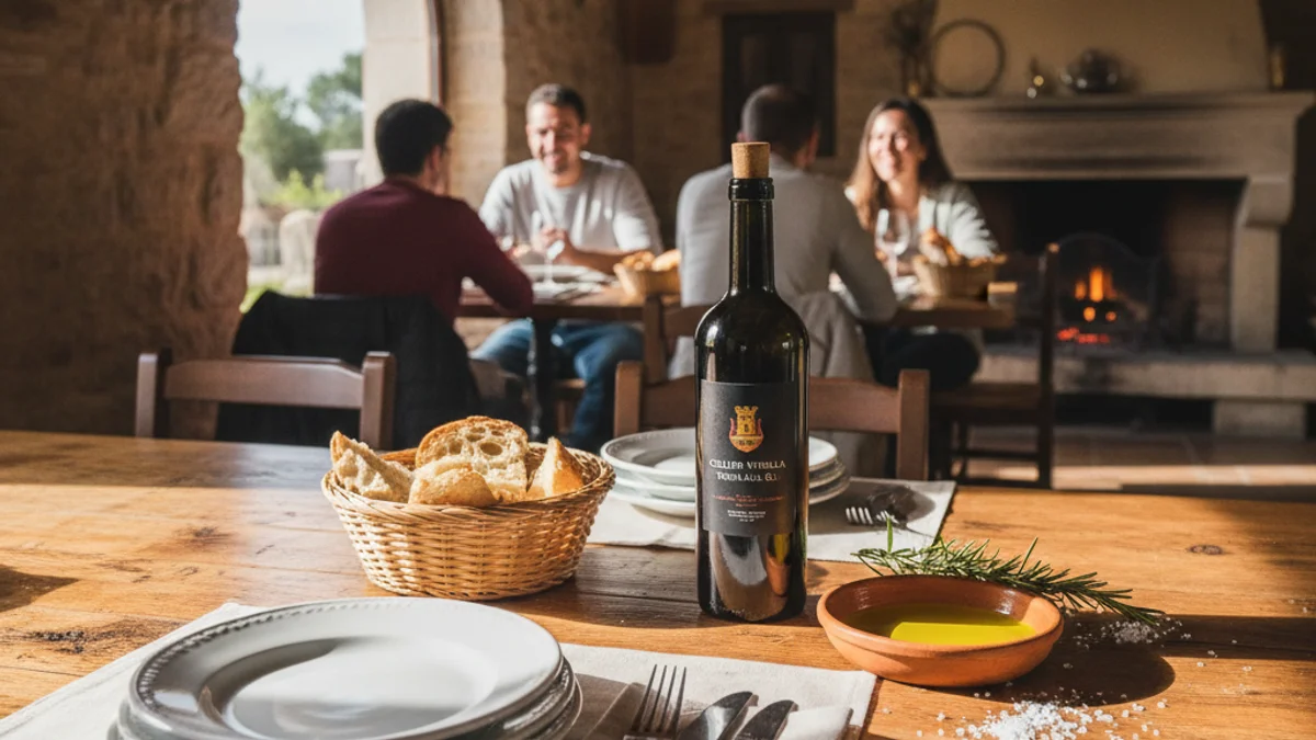 Imagen genérica de una mesa puesta con productos locales en un entorno rústico.