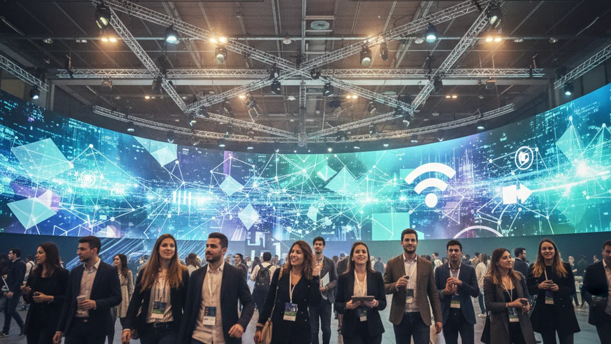 Imagen genérica de un entorno tecnológico con pantallas digitales e iluminación moderna en una feria de conectividad.