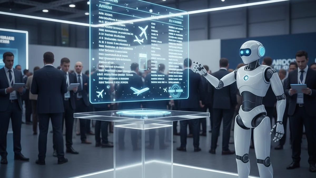 Imagen genérica de una exposición tecnológica sobre el futuro de los aeropuertos en un gran congreso.