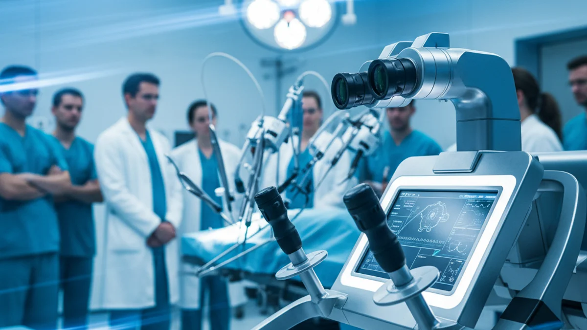 Imagen genérica de una consola de control para cirugía robótica a distancia.