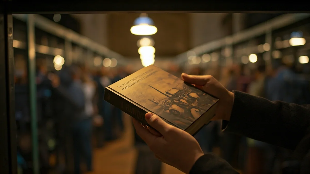 Imagen genérica de un libro conmemorativo en una biblioteca, con un fondo industrial difuminado.