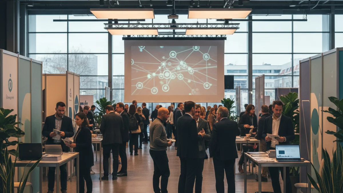 Imagen genérica de una feria de empleo con estands informativos y personas consultando opciones laborales.