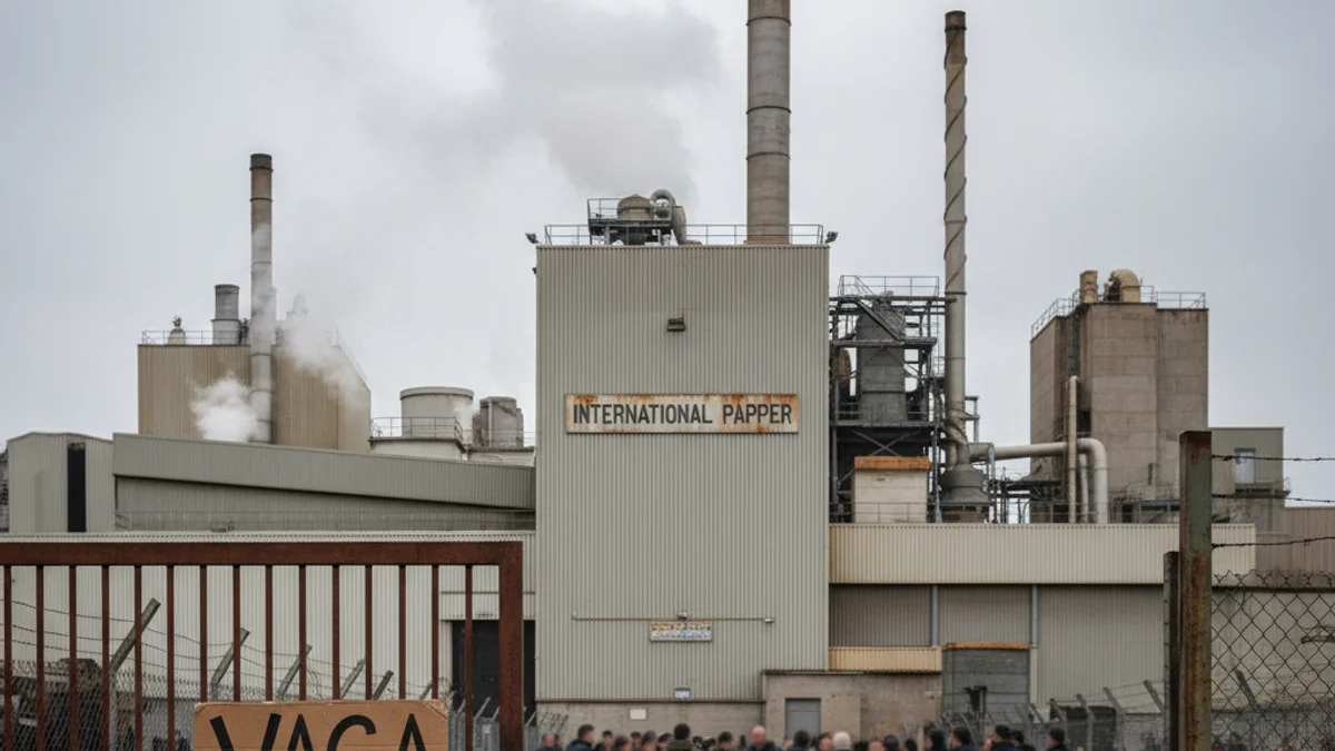 Imagen genérica del exterior de una planta industrial papelera con un ambiente de protesta laboral.