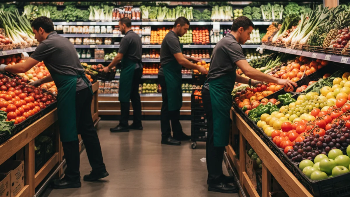 Imagen genérica del interior de un supermercado moderno con estantes llenos de productos.