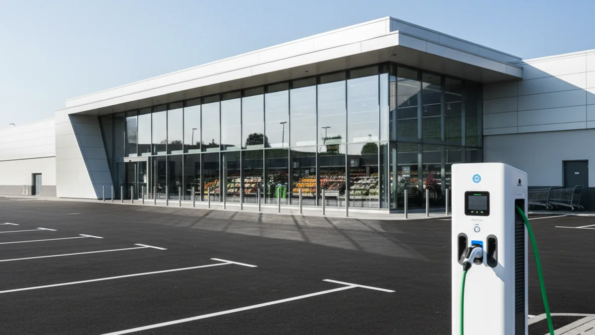 Imagen genérica de un supermercado moderno con puntos de recarga para vehículos eléctricos.