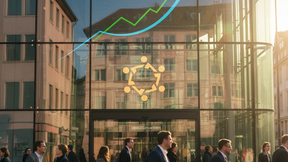 Imagen genérica de un gráfico financiero con tendencia al alça frente a un edificio de oficinas moderno.