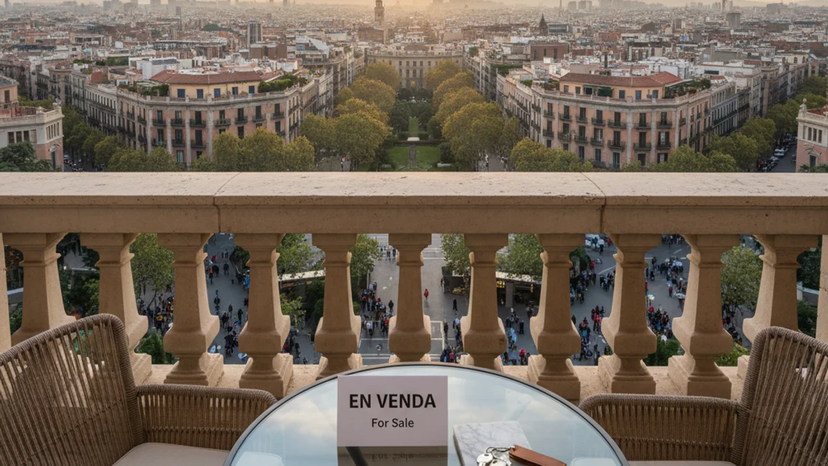 Imagen genérica de un cartel de venta en un balcón con vistas al Eixample de Barcelona.