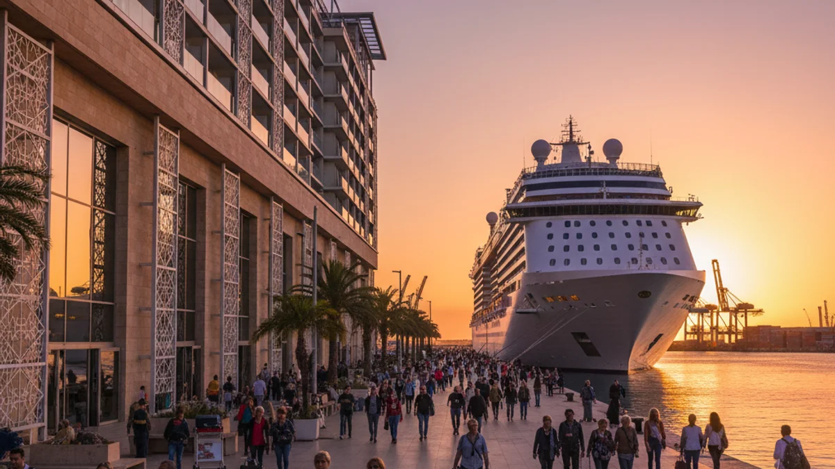 Imagen genérica de un hotel de lujo y un crucero en un puerto turístico.