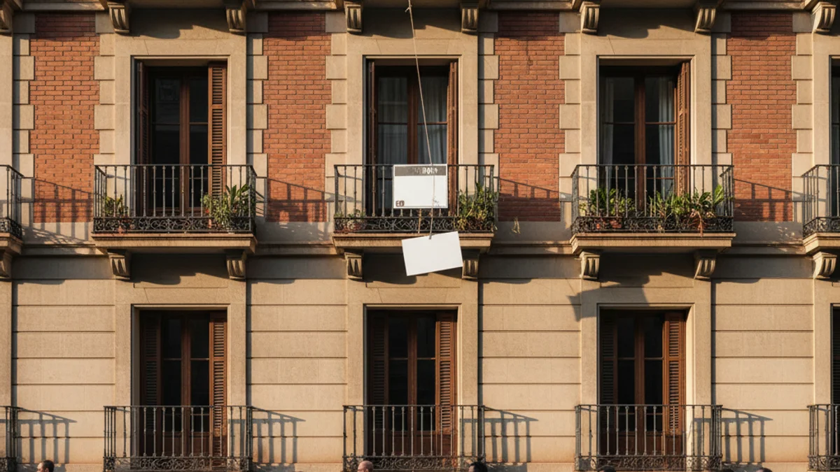 Imagen genérica de un edificio de viviendas en Barcelona con carteles inmobiliarios.