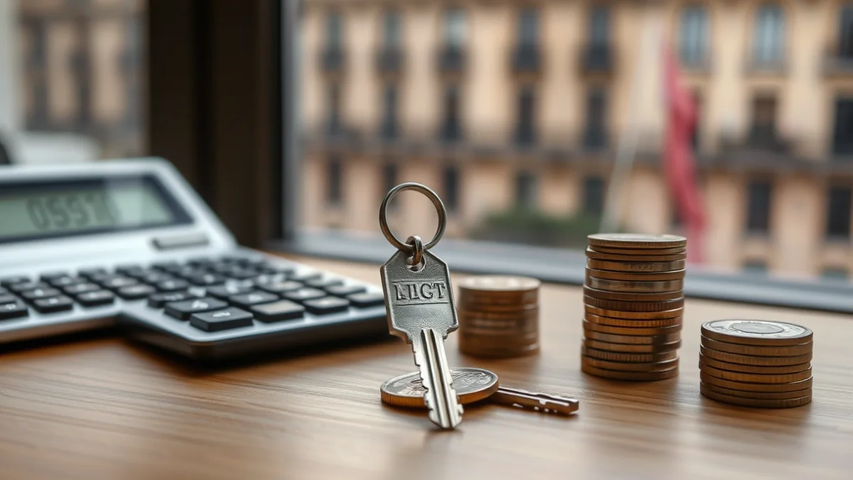 Imagen genérica de unas llaves de piso y monedas sobre una mesa con vistas a la ciudad.