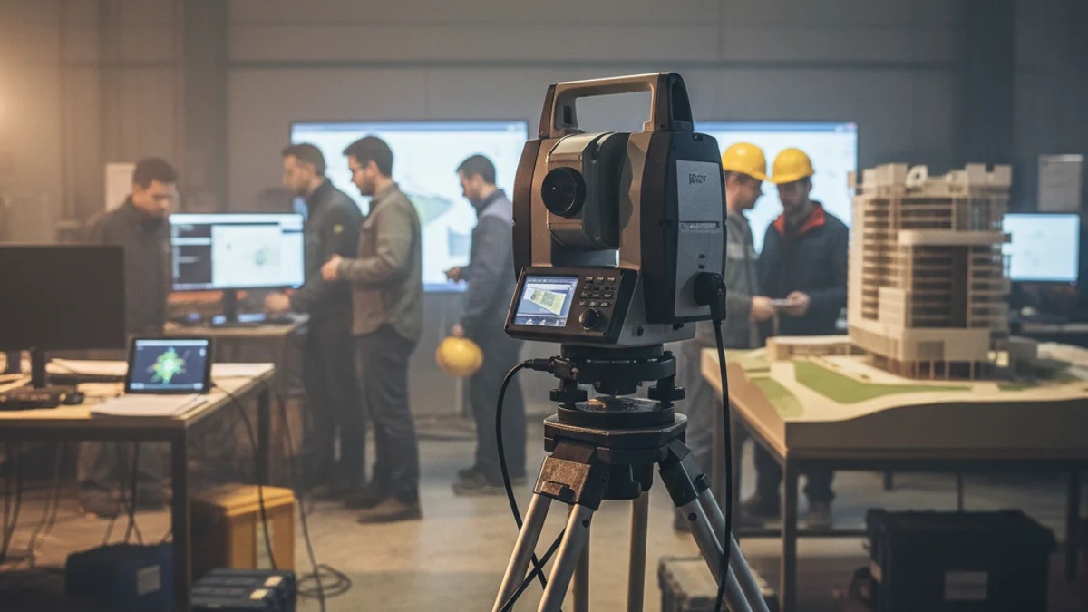 Imagen genérica de un equipo de topografía digital en una zona de obras.