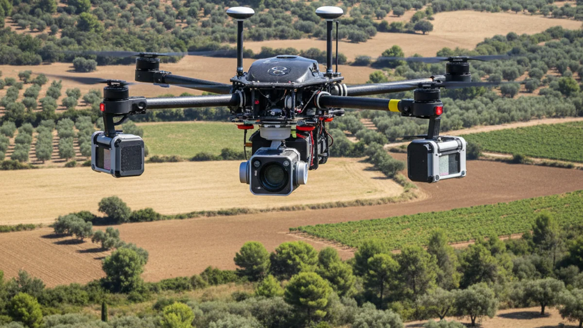 Imagen genérica de un dron de alta tecnología sobrevolando campos de cultivo para la investigación agrícola.
