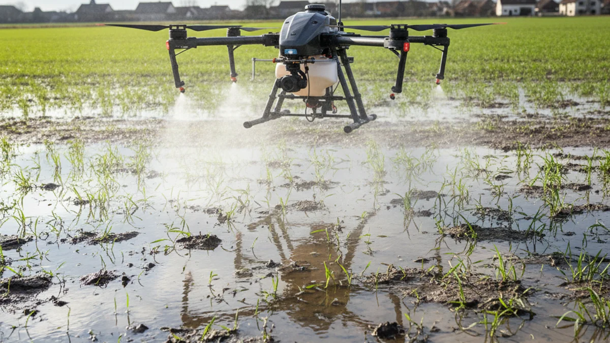 Imagen genérica de un dron agrícola sobrevolando un campo de cultivo inundado para aplicar tratamientos aéreos.