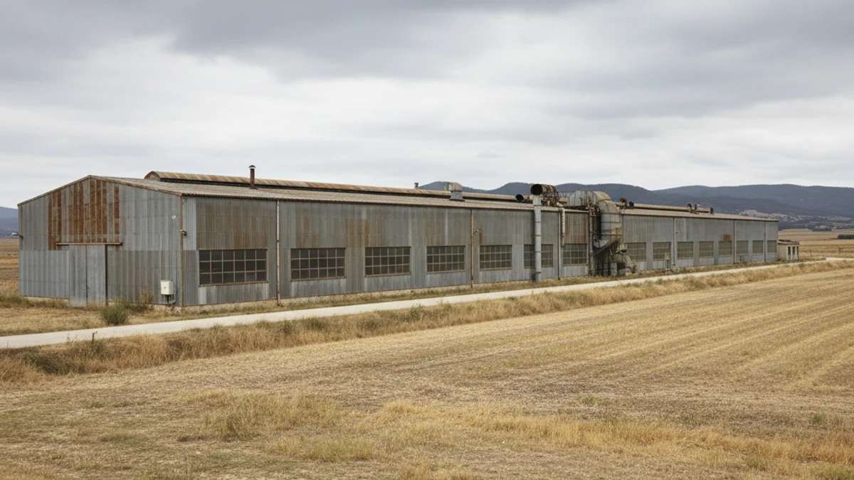 Imagen genérica de una planta industrial de fabricación de cartón en un entorno rural.