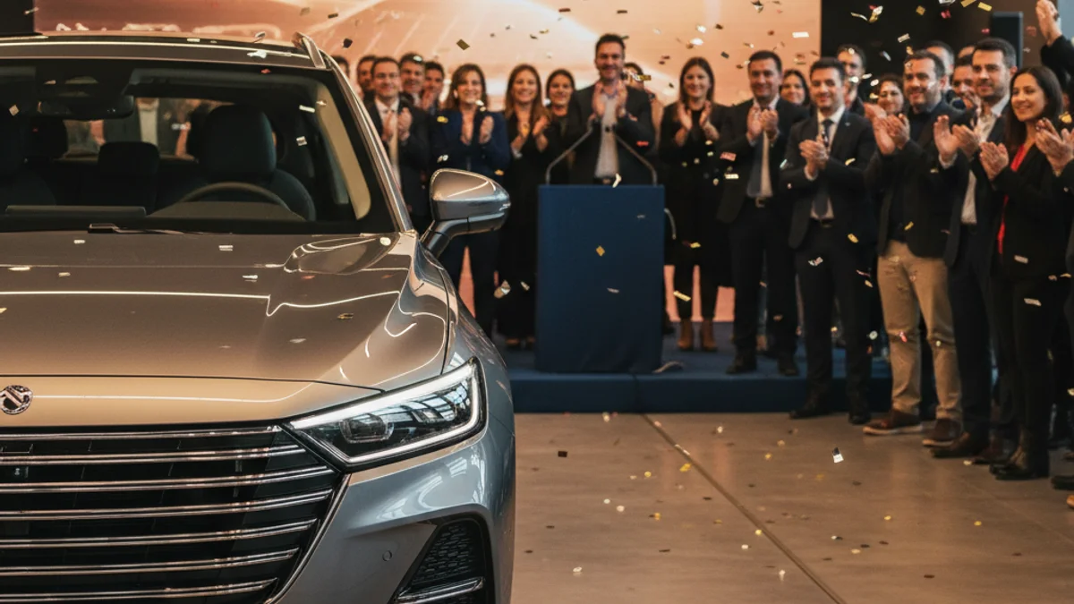 Imagen genérica del interior de un concesionario de coches moderno con un vehículo SUV en primer plano.