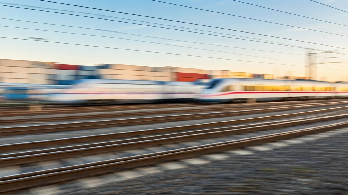 Imagen genérica de una vía de tren con un tren en movimiento en un entorno logístico.