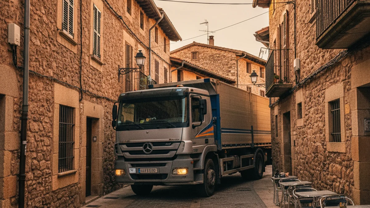 Imagen genérica de un camión de gran tonelaje circulando por una calle estrecha de un núcleo urbano.