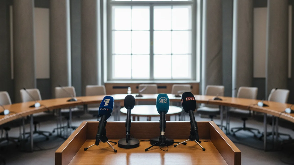 Imagen genérica de un atril con micrófonos en una sala de prensa institucional.