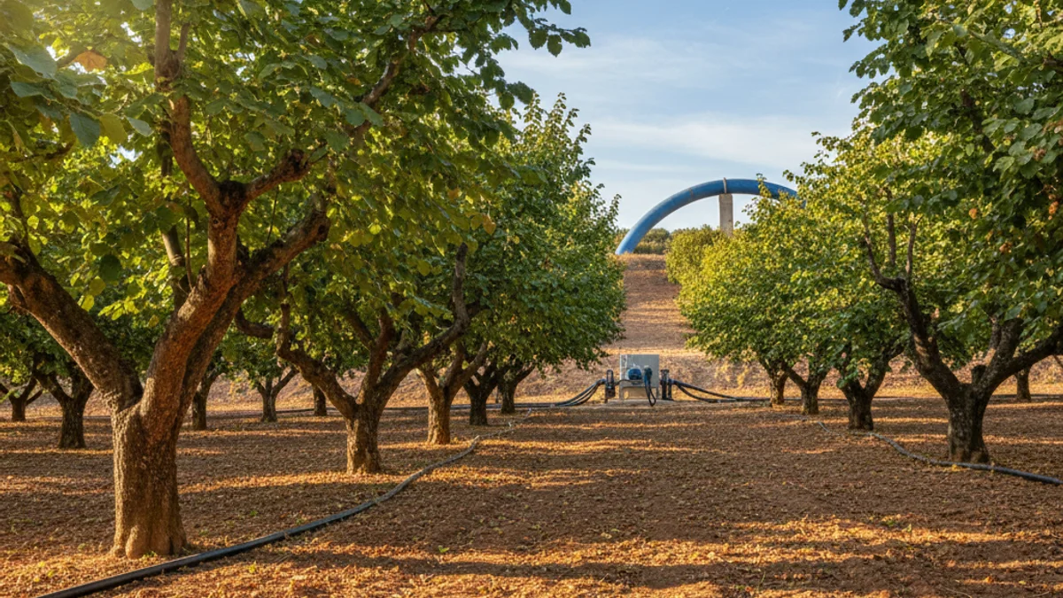 Imagen genérica de un campo de avellanos con sistemas de riego en la zona del Camp de Tarragona.