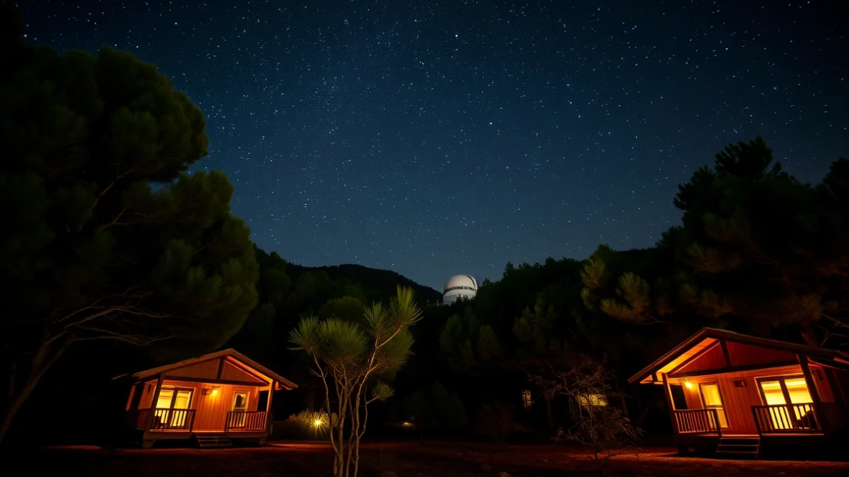 Imagen genérica de un camping de lujo ubicado en un entorno natural bajo un cielo estrellado.