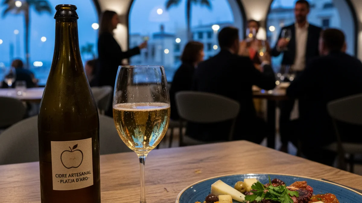 Imagen genérica de una botella de sidra artesana y aperitivos en un restaurante moderno.