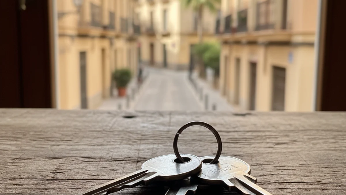 Imagen genérica de unas llaves de casa sobre una mesa con edificios residenciales al fondo.