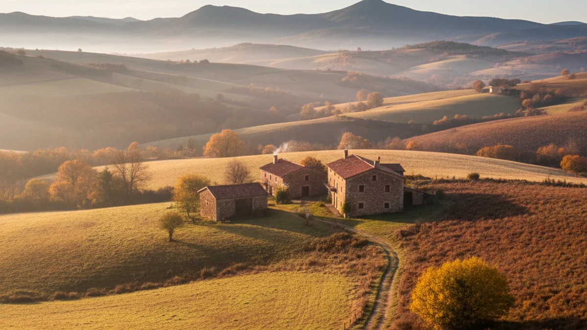 Imagen genérica de un paisaje rural con campos y una masía tradicional en el Lluçanès.